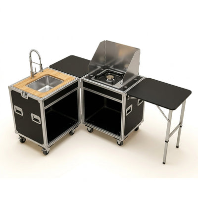 Portable Outdoor Kitchen Built for Overlanding, Stainless Steel Sink, Expandable Tables, Quick-Fold Design