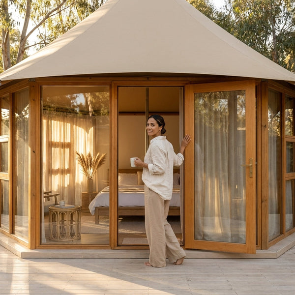 Glamping Tent Built for Four-Season Retreats, Conical Canvas Design, Laminated Spruce Frame, Panoramic Glass